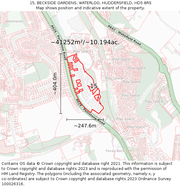 15, BECKSIDE GARDENS, WATERLOO, HUDDERSFIELD, HD5 8RS: Plot and title map