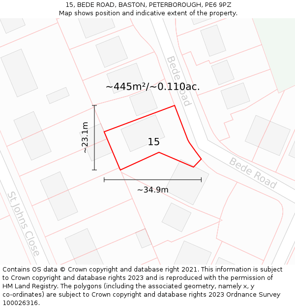 15, BEDE ROAD, BASTON, PETERBOROUGH, PE6 9PZ: Plot and title map