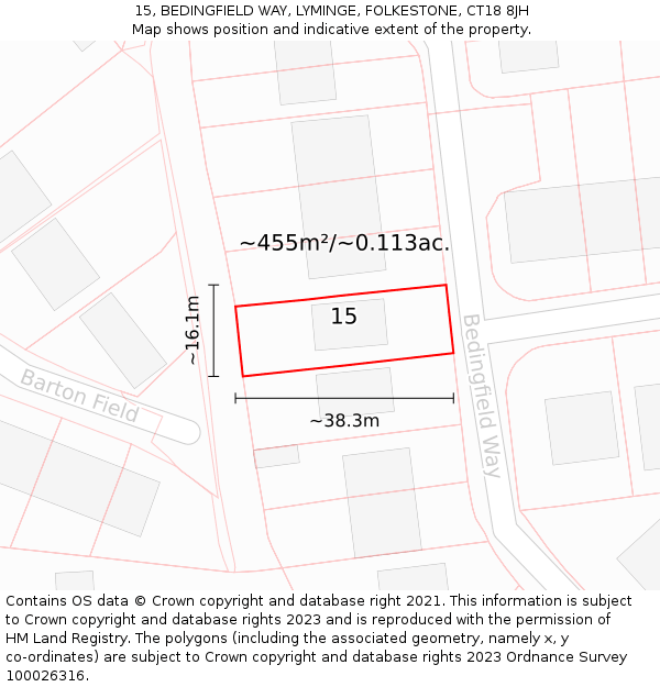 15, BEDINGFIELD WAY, LYMINGE, FOLKESTONE, CT18 8JH: Plot and title map