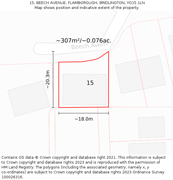 15, BEECH AVENUE, FLAMBOROUGH, BRIDLINGTON, YO15 1LN: Plot and title map
