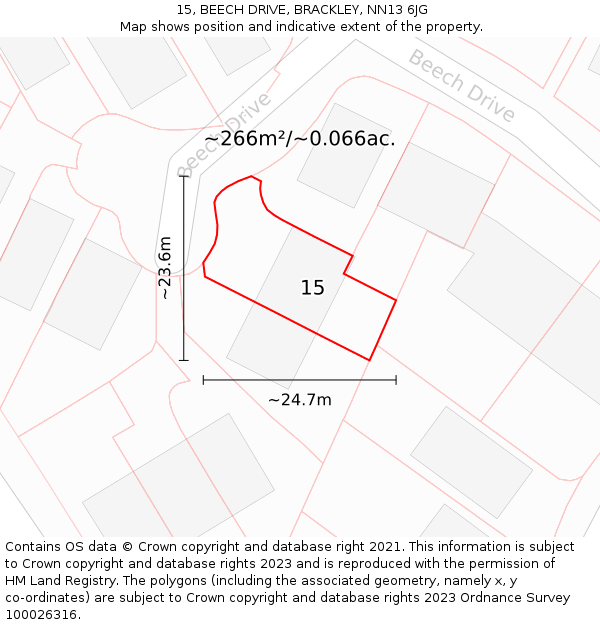 15, BEECH DRIVE, BRACKLEY, NN13 6JG: Plot and title map