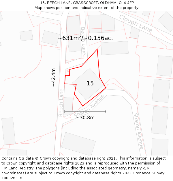 15, BEECH LANE, GRASSCROFT, OLDHAM, OL4 4EP: Plot and title map