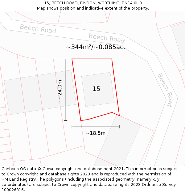 15, BEECH ROAD, FINDON, WORTHING, BN14 0UR: Plot and title map
