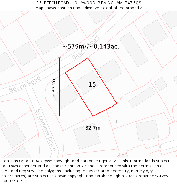 15, BEECH ROAD, HOLLYWOOD, BIRMINGHAM, B47 5QS: Plot and title map