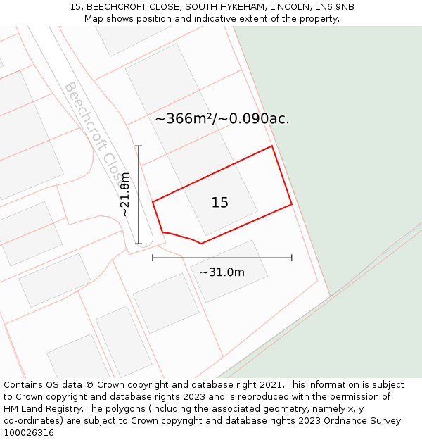 15, BEECHCROFT CLOSE, SOUTH HYKEHAM, LINCOLN, LN6 9NB: Plot and title map