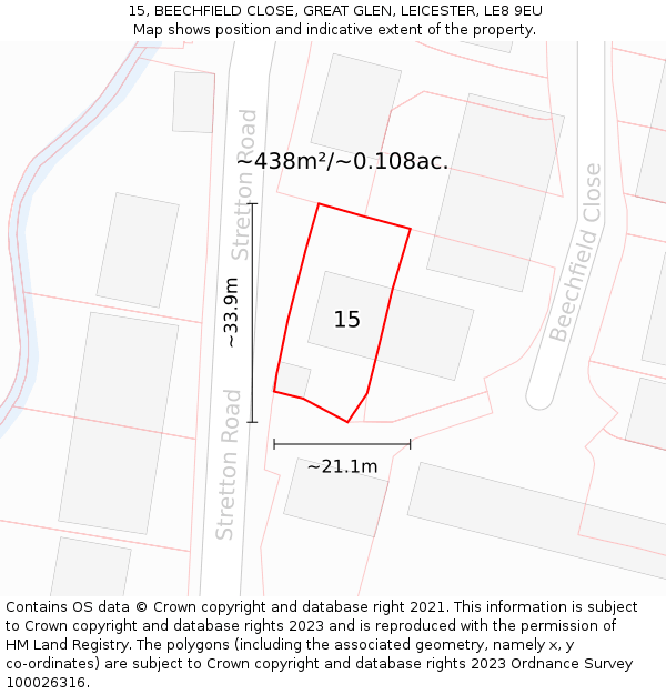 15, BEECHFIELD CLOSE, GREAT GLEN, LEICESTER, LE8 9EU: Plot and title map