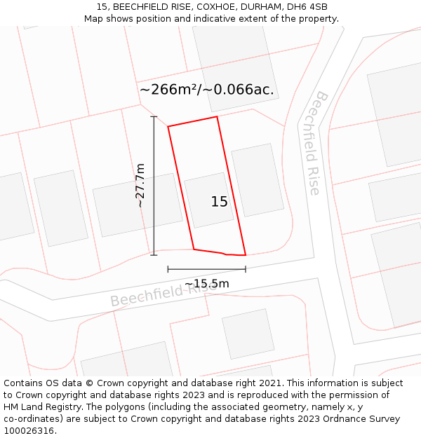 15, BEECHFIELD RISE, COXHOE, DURHAM, DH6 4SB: Plot and title map