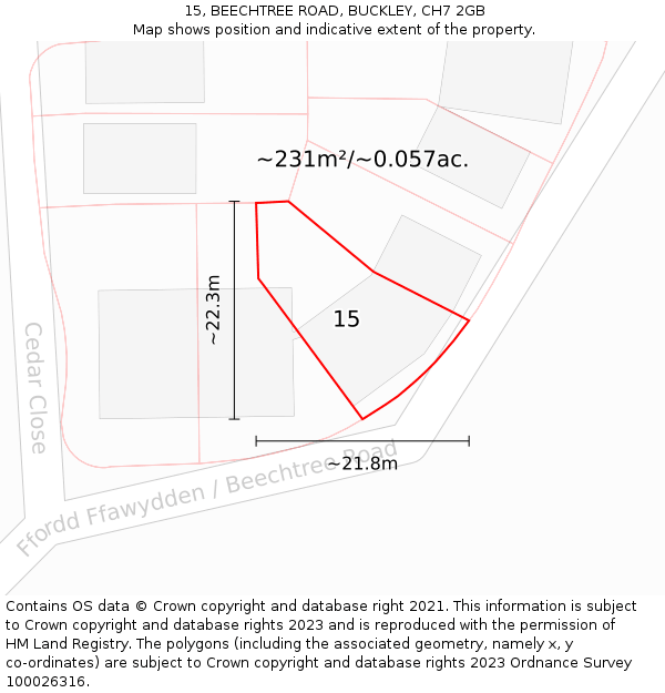 15, BEECHTREE ROAD, BUCKLEY, CH7 2GB: Plot and title map