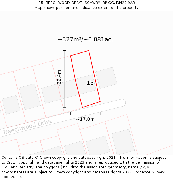 15, BEECHWOOD DRIVE, SCAWBY, BRIGG, DN20 9AR: Plot and title map