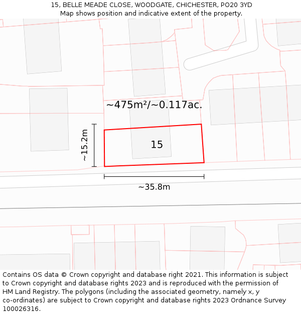 15, BELLE MEADE CLOSE, WOODGATE, CHICHESTER, PO20 3YD: Plot and title map