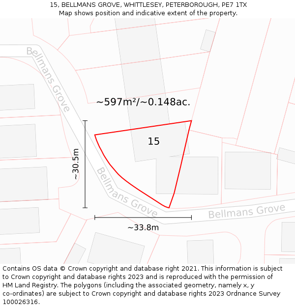 15, BELLMANS GROVE, WHITTLESEY, PETERBOROUGH, PE7 1TX: Plot and title map