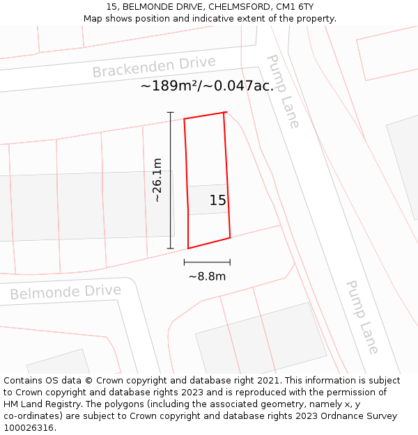15, BELMONDE DRIVE, CHELMSFORD, CM1 6TY: Plot and title map
