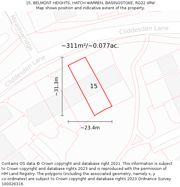 15, BELMONT HEIGHTS, HATCH WARREN, BASINGSTOKE, RG22 4RW: Plot and title map