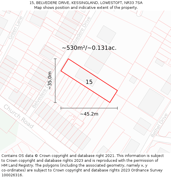 15, BELVEDERE DRIVE, KESSINGLAND, LOWESTOFT, NR33 7SA: Plot and title map