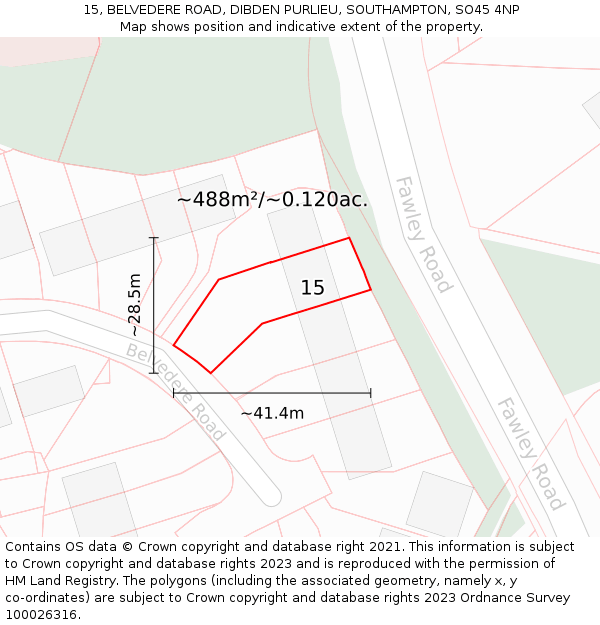15, BELVEDERE ROAD, DIBDEN PURLIEU, SOUTHAMPTON, SO45 4NP: Plot and title map