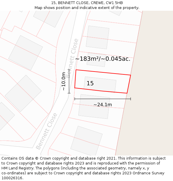 15, BENNETT CLOSE, CREWE, CW1 5HB: Plot and title map