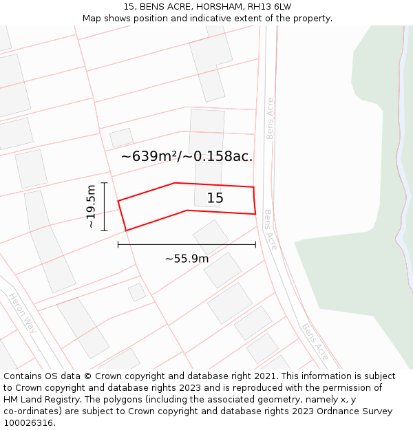 15, BENS ACRE, HORSHAM, RH13 6LW: Plot and title map
