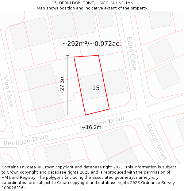 15, BERILLDON DRIVE, LINCOLN, LN1 1AN: Plot and title map