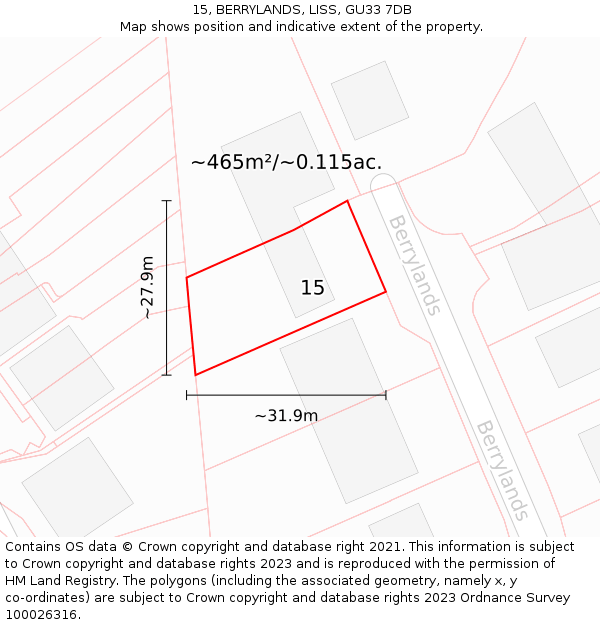 15, BERRYLANDS, LISS, GU33 7DB: Plot and title map