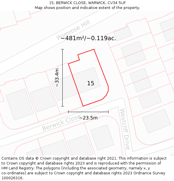 15, BERWICK CLOSE, WARWICK, CV34 5UF: Plot and title map
