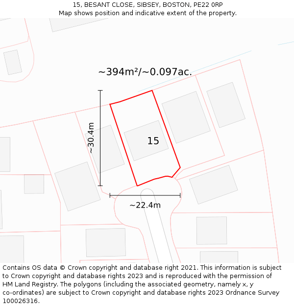 15, BESANT CLOSE, SIBSEY, BOSTON, PE22 0RP: Plot and title map