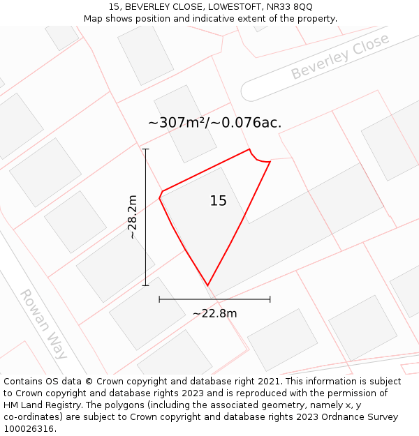 15, BEVERLEY CLOSE, LOWESTOFT, NR33 8QQ: Plot and title map