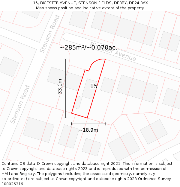 15, BICESTER AVENUE, STENSON FIELDS, DERBY, DE24 3AX: Plot and title map