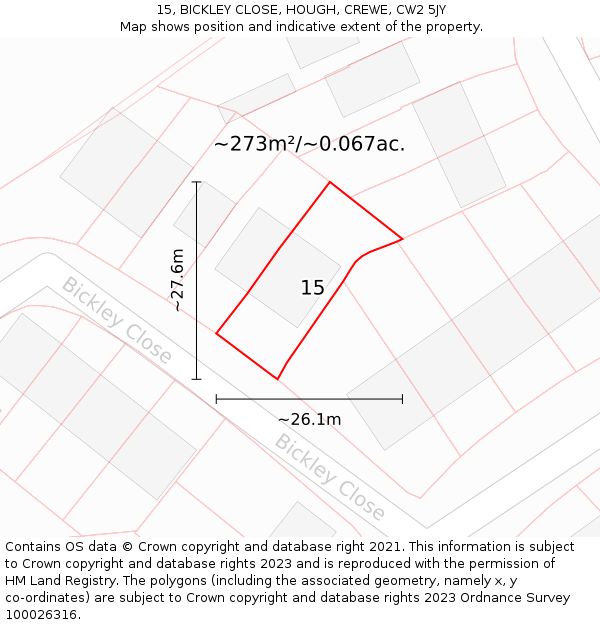 15, BICKLEY CLOSE, HOUGH, CREWE, CW2 5JY: Plot and title map