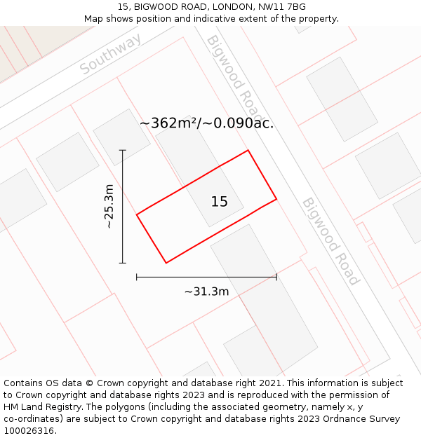 15, BIGWOOD ROAD, LONDON, NW11 7BG: Plot and title map