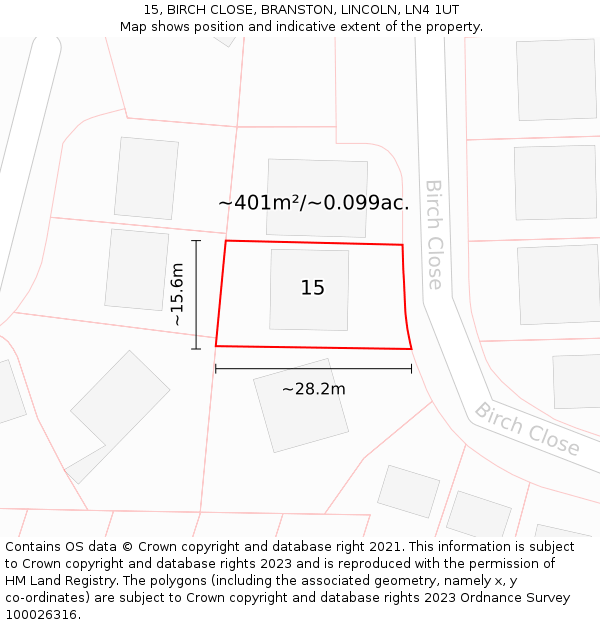 15, BIRCH CLOSE, BRANSTON, LINCOLN, LN4 1UT: Plot and title map