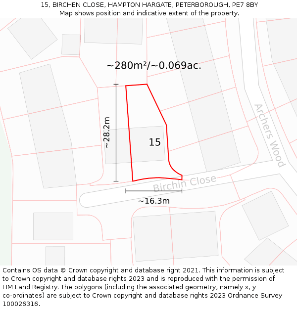 15, BIRCHEN CLOSE, HAMPTON HARGATE, PETERBOROUGH, PE7 8BY: Plot and title map