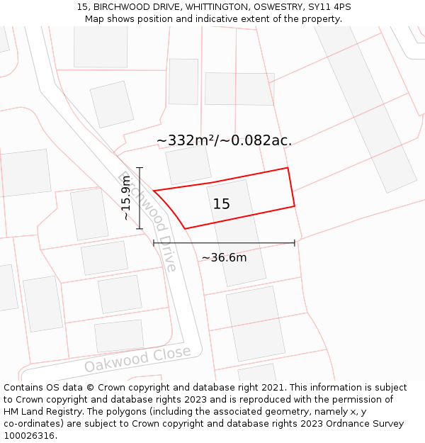 15, BIRCHWOOD DRIVE, WHITTINGTON, OSWESTRY, SY11 4PS: Plot and title map
