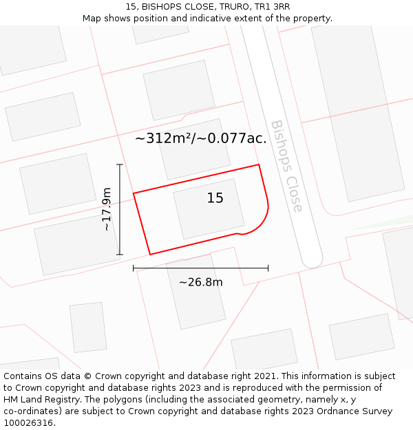 15, BISHOPS CLOSE, TRURO, TR1 3RR: Plot and title map