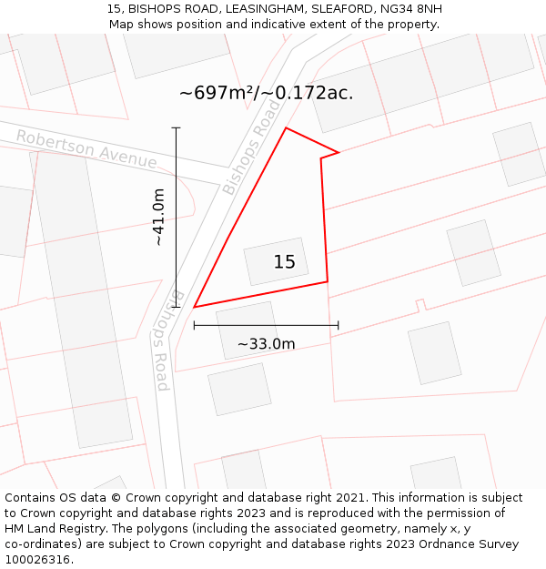 15, BISHOPS ROAD, LEASINGHAM, SLEAFORD, NG34 8NH: Plot and title map