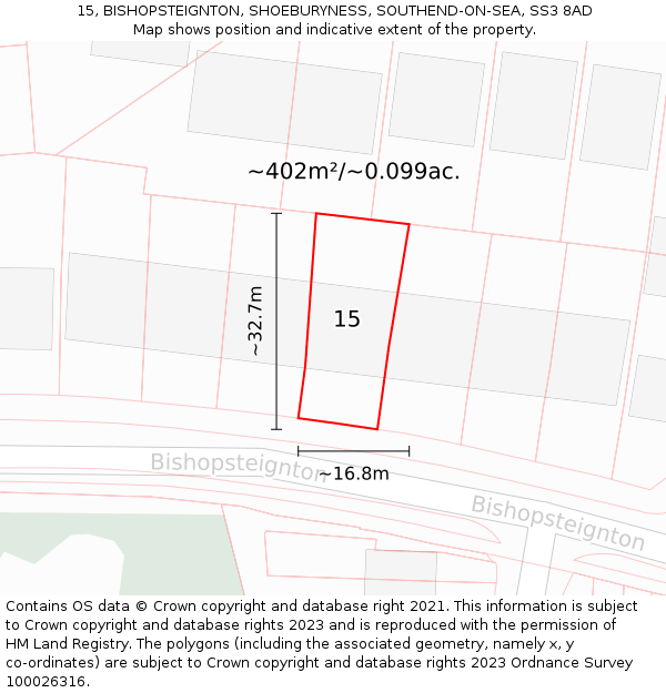 15, BISHOPSTEIGNTON, SHOEBURYNESS, SOUTHEND-ON-SEA, SS3 8AD: Plot and title map