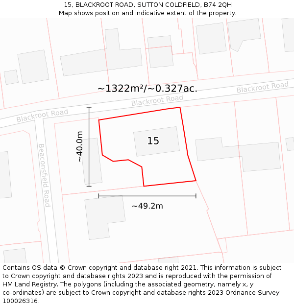 15, BLACKROOT ROAD, SUTTON COLDFIELD, B74 2QH: Plot and title map