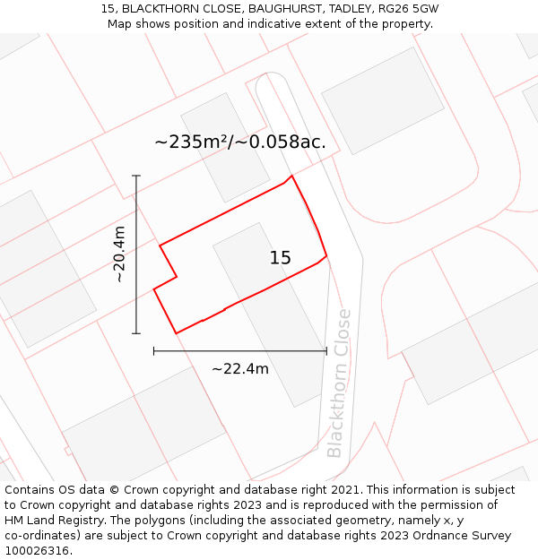 15, BLACKTHORN CLOSE, BAUGHURST, TADLEY, RG26 5GW: Plot and title map