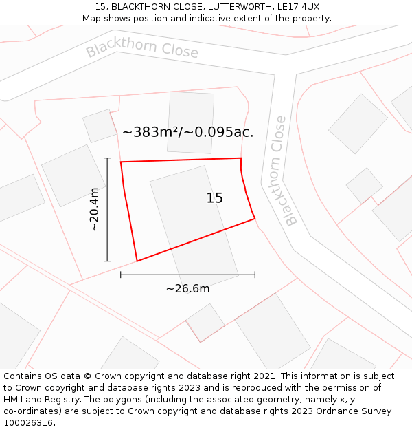 15, BLACKTHORN CLOSE, LUTTERWORTH, LE17 4UX: Plot and title map