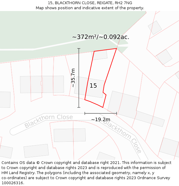 15, BLACKTHORN CLOSE, REIGATE, RH2 7NG: Plot and title map