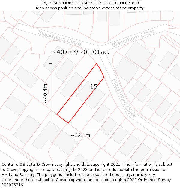15, BLACKTHORN CLOSE, SCUNTHORPE, DN15 8UT: Plot and title map