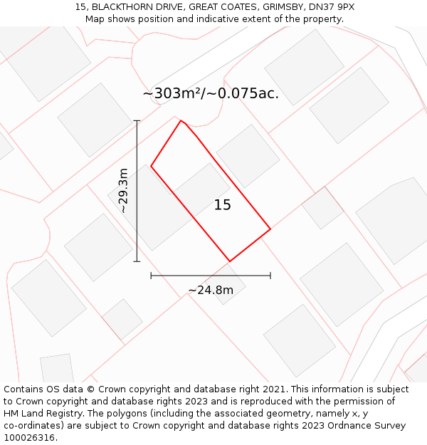 15, BLACKTHORN DRIVE, GREAT COATES, GRIMSBY, DN37 9PX: Plot and title map
