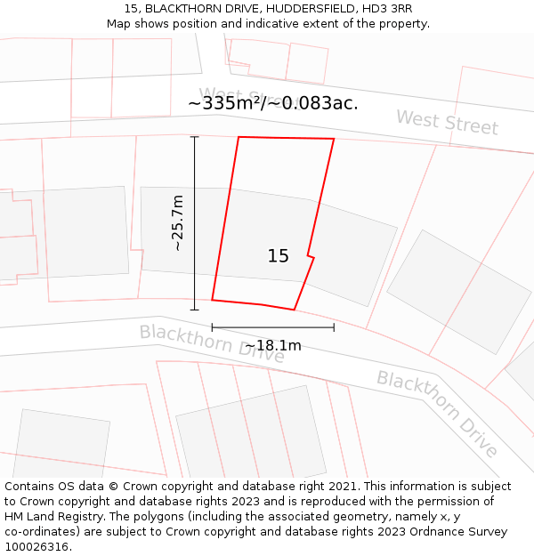 15, BLACKTHORN DRIVE, HUDDERSFIELD, HD3 3RR: Plot and title map