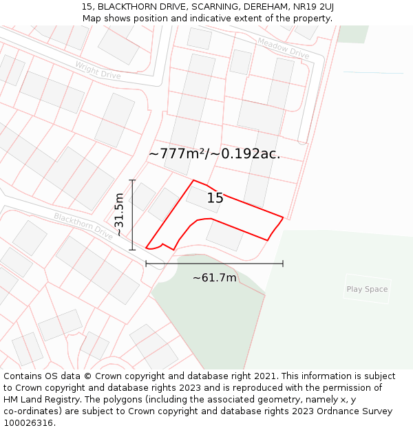 15, BLACKTHORN DRIVE, SCARNING, DEREHAM, NR19 2UJ: Plot and title map