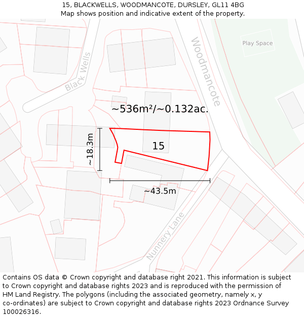 15, BLACKWELLS, WOODMANCOTE, DURSLEY, GL11 4BG: Plot and title map