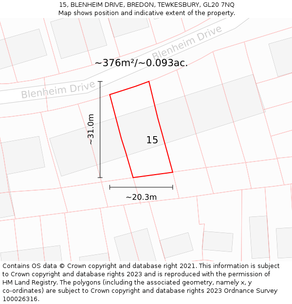 15, BLENHEIM DRIVE, BREDON, TEWKESBURY, GL20 7NQ: Plot and title map