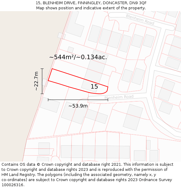 15, BLENHEIM DRIVE, FINNINGLEY, DONCASTER, DN9 3QF: Plot and title map