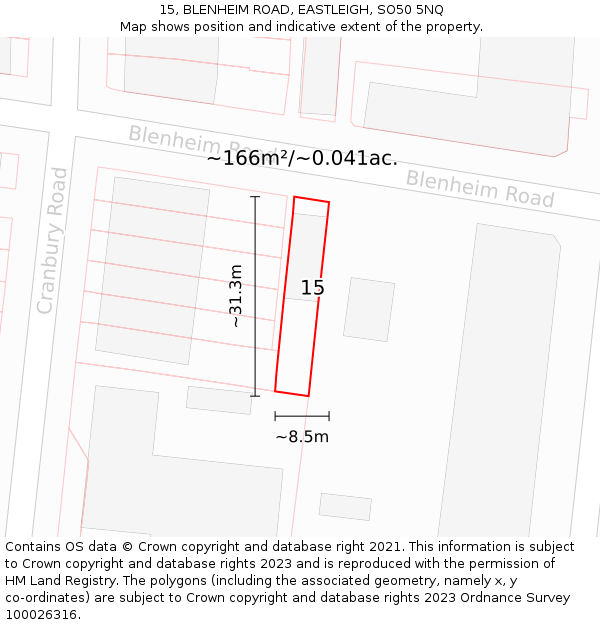 15, BLENHEIM ROAD, EASTLEIGH, SO50 5NQ: Plot and title map