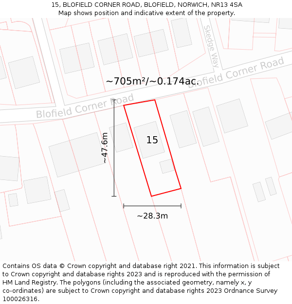 15, BLOFIELD CORNER ROAD, BLOFIELD, NORWICH, NR13 4SA: Plot and title map