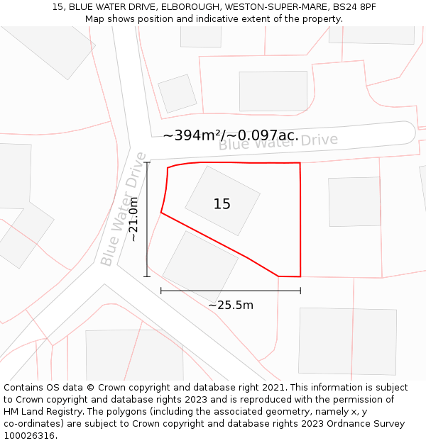 15, BLUE WATER DRIVE, ELBOROUGH, WESTON-SUPER-MARE, BS24 8PF: Plot and title map