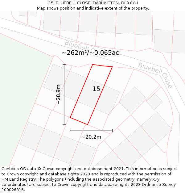 15, BLUEBELL CLOSE, DARLINGTON, DL3 0YU: Plot and title map